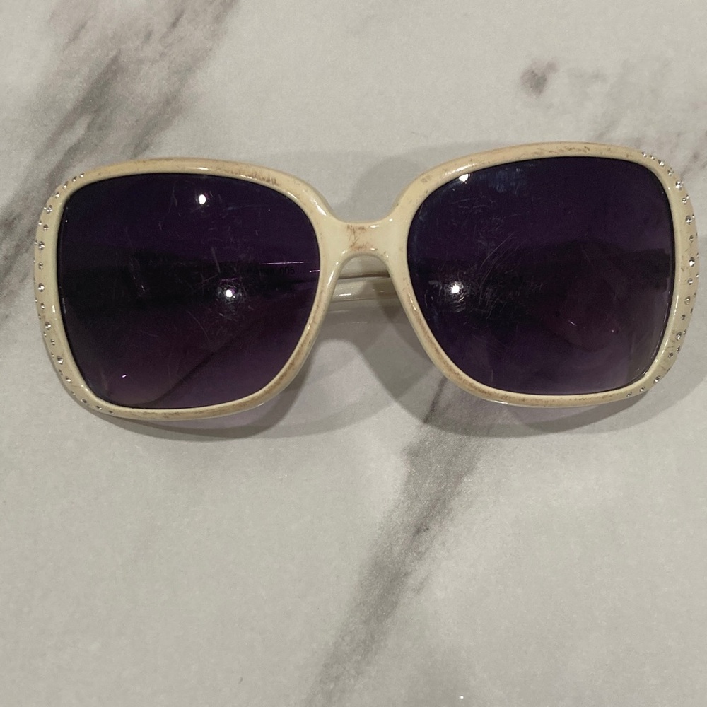 White Frame Sunglasses with Purple Lenses and Crystal Accents - Picture 4 of 16